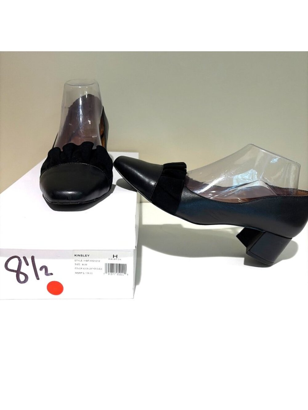H by Halston Black Leather Suede Square Toe Pumps Size 8.5M Ruffle Old Money